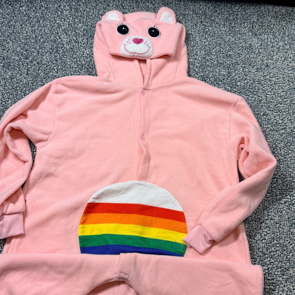 Care Bears Cheer Bear Pink Fleece Hooded Union Suit Pajamas Rainbow Pouch